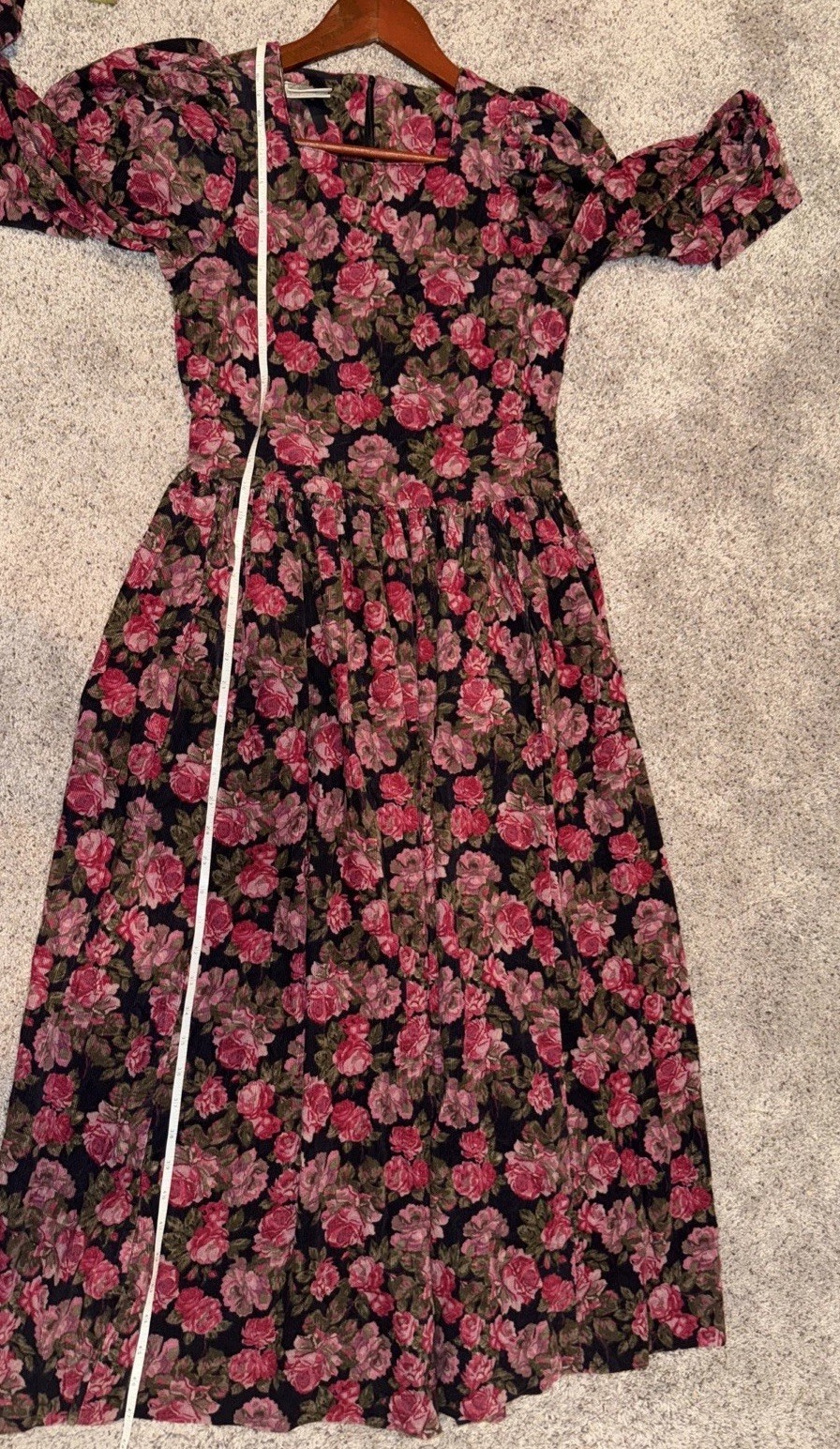 Vtg 80’s Laura Ashley Corduroy Pink Roses Dress Sz 6 Long Puff Sleeves Prairie
