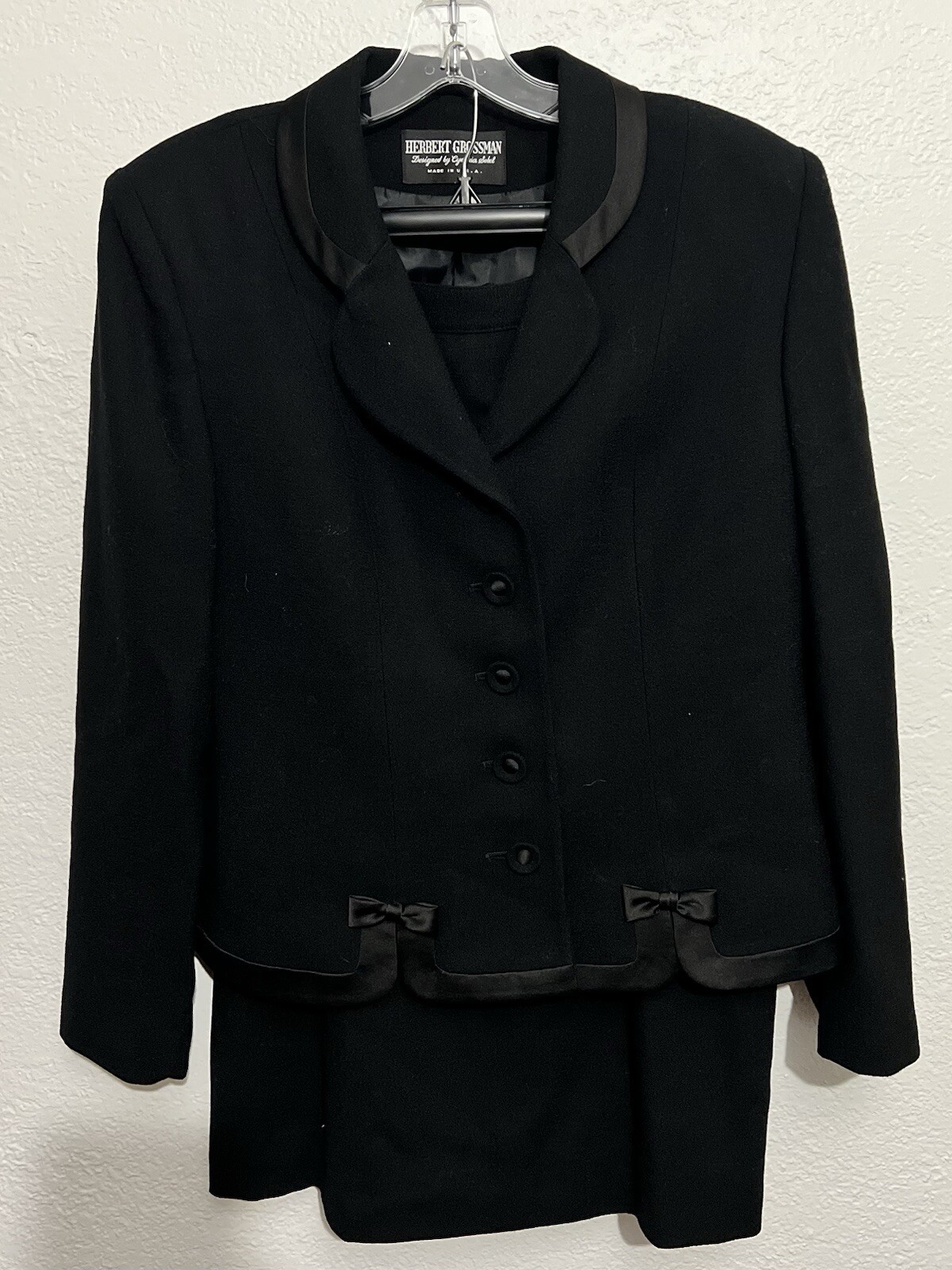 Vintage Sz 12 Skirt Suit Bow Detail Classic Proper 100% Wool London