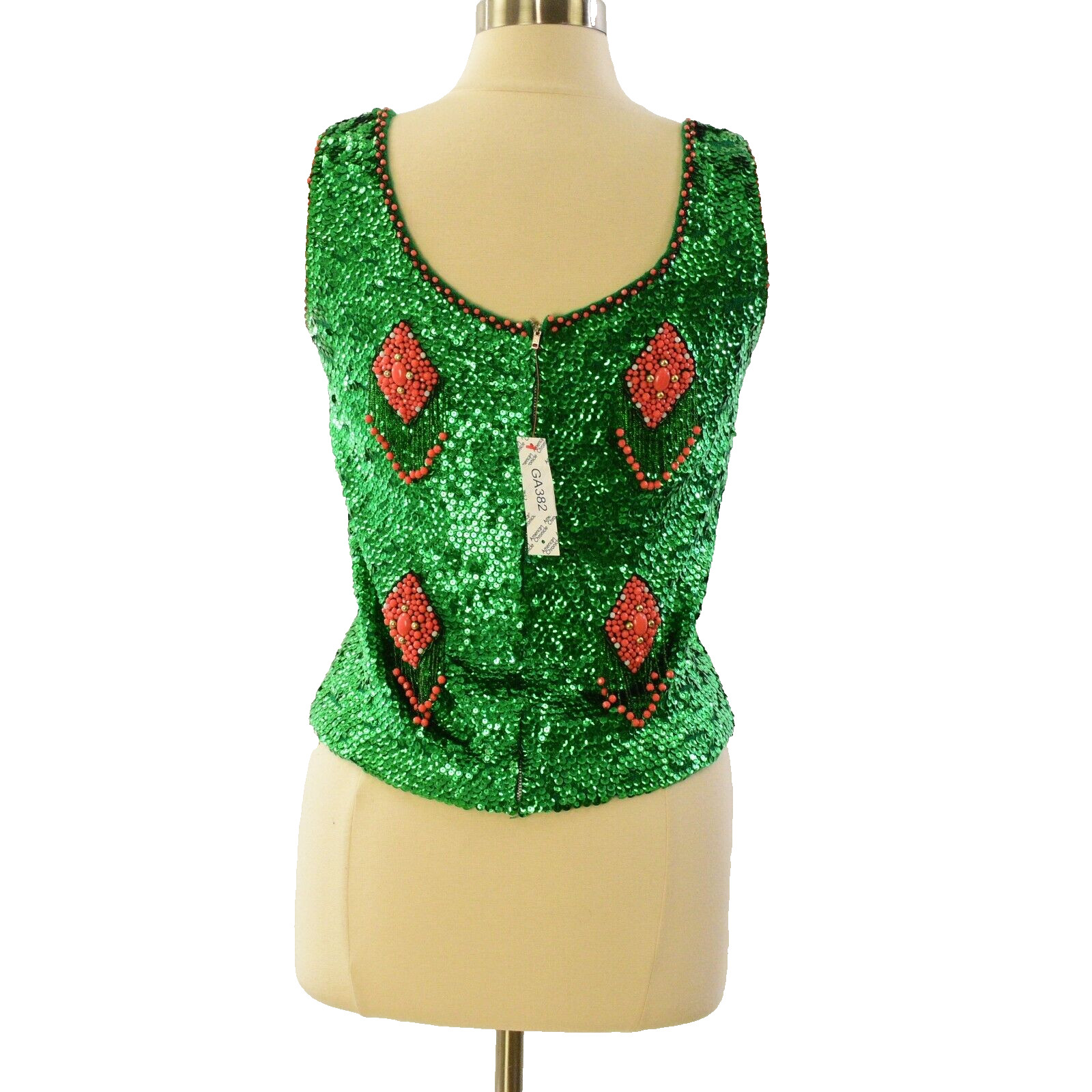 50s Vintage Beaded Sequin Wool Top Womens S Green Coral Rockabilly Cocktail Tank