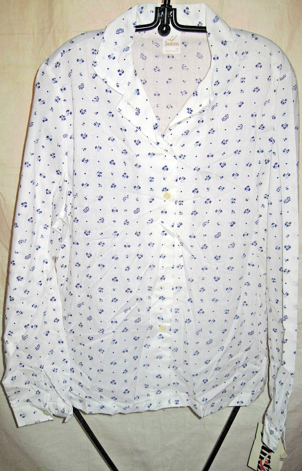 Vtg 70s Jantzen Blouse Blue Leaves Polka Dot Camp Collar Deadstock Womens 18 XL