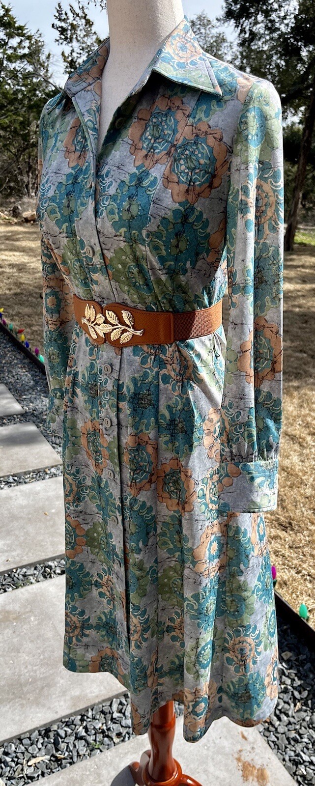Homemade Paisley Green Long Sleeve Dress 1970s Style Vintage? 30 Waist 35 Bust
