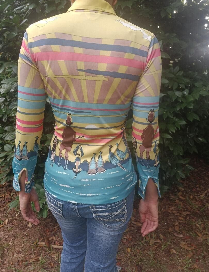 vintage 70s women polyester SULTRA Faun In The Woods shirt size med psychedelic