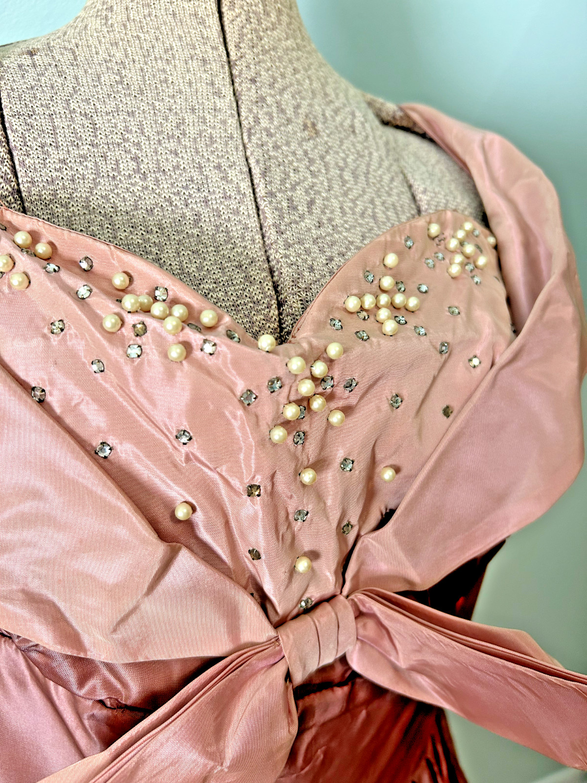 Incredible 1940s Taffeta Acetate Rhinestone Pearl Rose Pink Bustier Gown Bolero