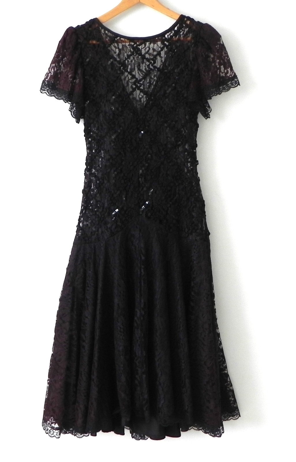 Vtg HW Collections Lace Dress Burgundy/Black Open Back Fit-Flared Size S/M