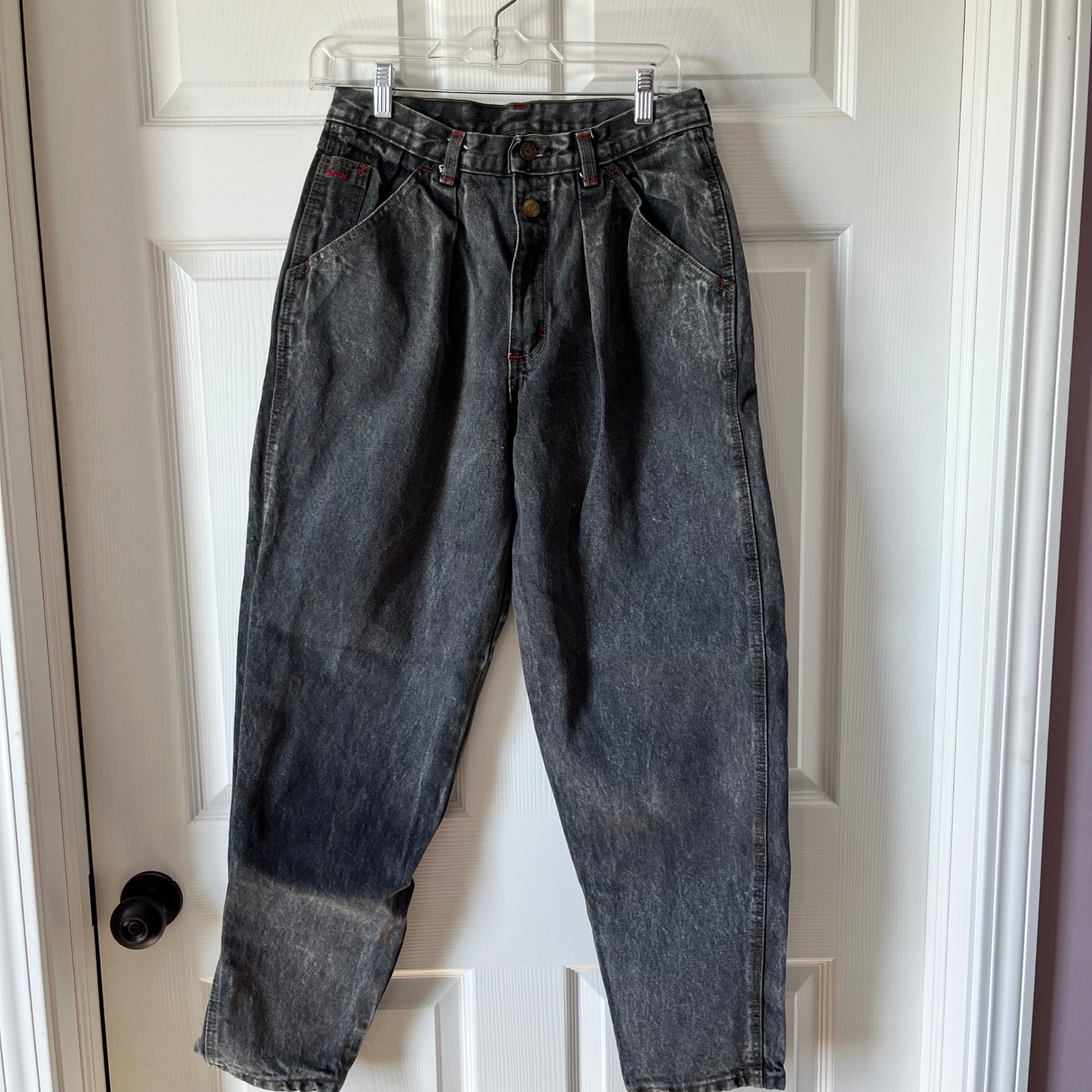 Vintage Zena Acid Wash Jeans Red Stitching High Waist Pleated Tapered Leg