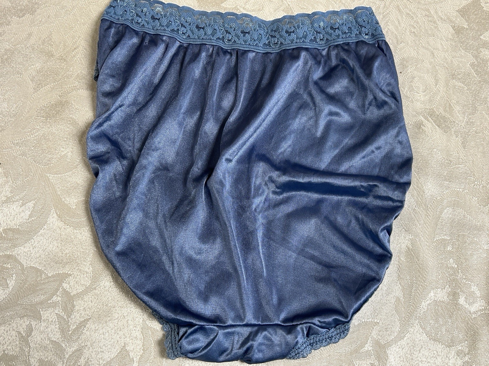 Vtg HANES Silky Satin Hi-Waist French Hi-Cut Wide Lace Band Size 6 Blue Panties