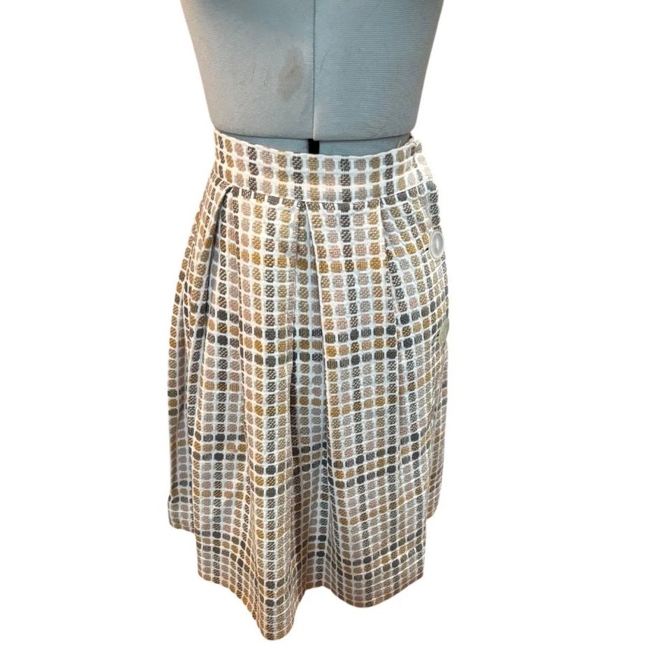 Vintage 1970s Hong Kong Wool Skirt Tan Brown Geometric A-Line Button Accent XS S