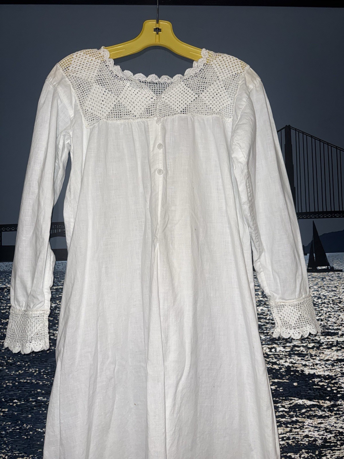 Antique 1900s Edwardian White Cotton Nightgown Hand Crochet Lace Yoke Cuffs