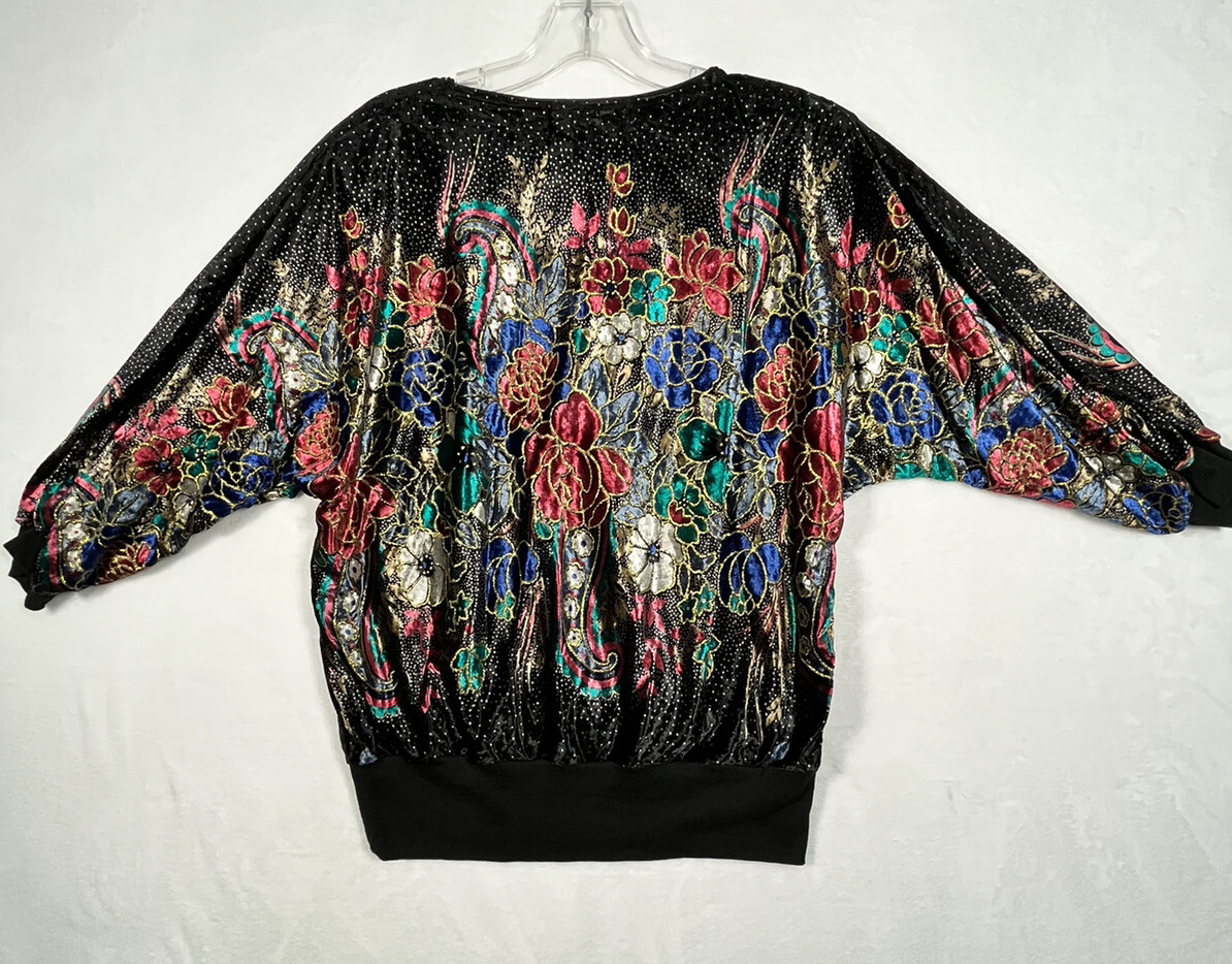Vintage NWT Western Connection Womens L Top Black Batwing Floral Colorful