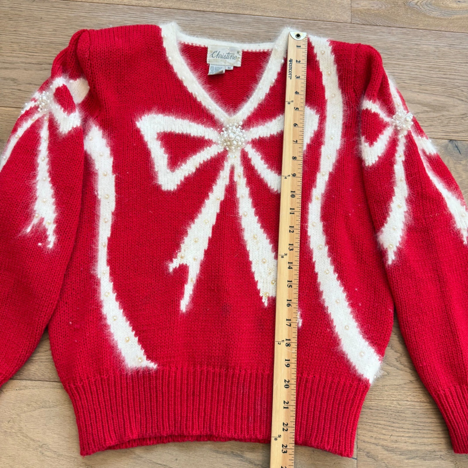 Vintage Christine Red Bow Sweater Angora Pearl Embellished Holiday Christmas M