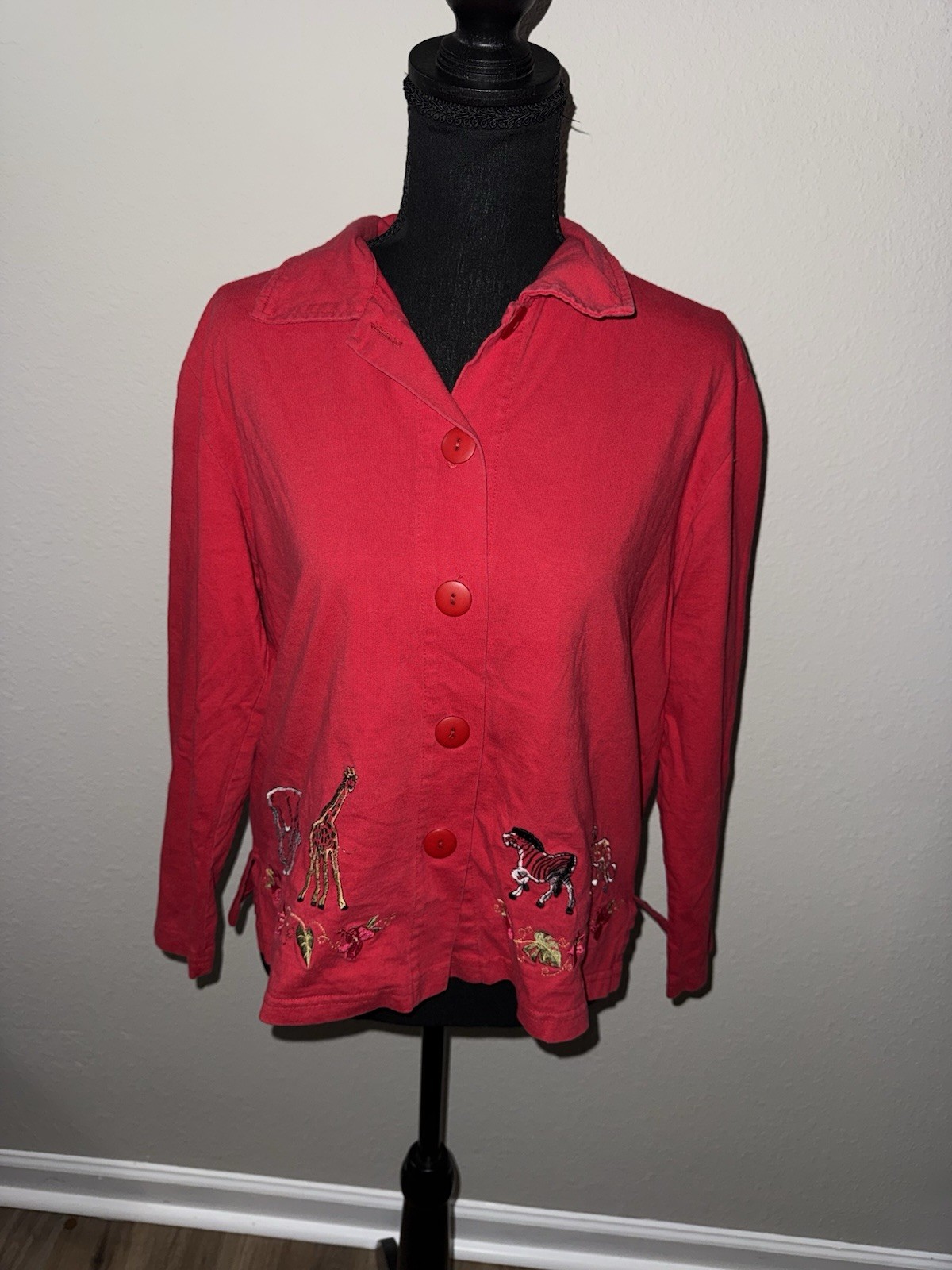 Vtg 90s Blana Banana Red Embroidered Safari Animal Jacket Shirt Giraffe Zebra MD