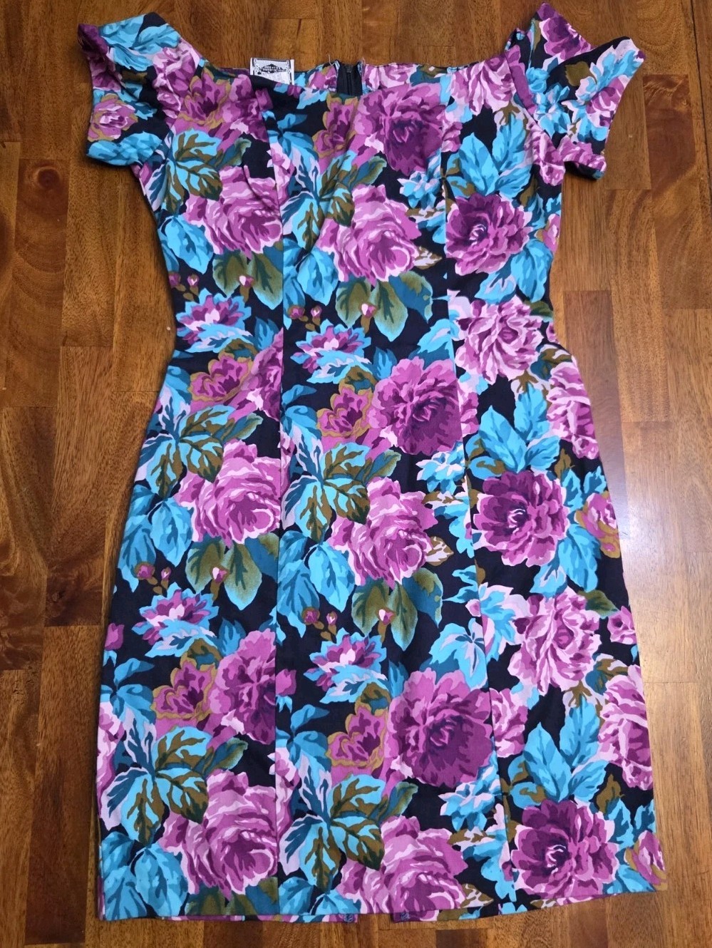 Vtg JODI SCHWARTZ For BILL BERMAN Floral Off Shoulder Fitted 80s Floral Dress 7
