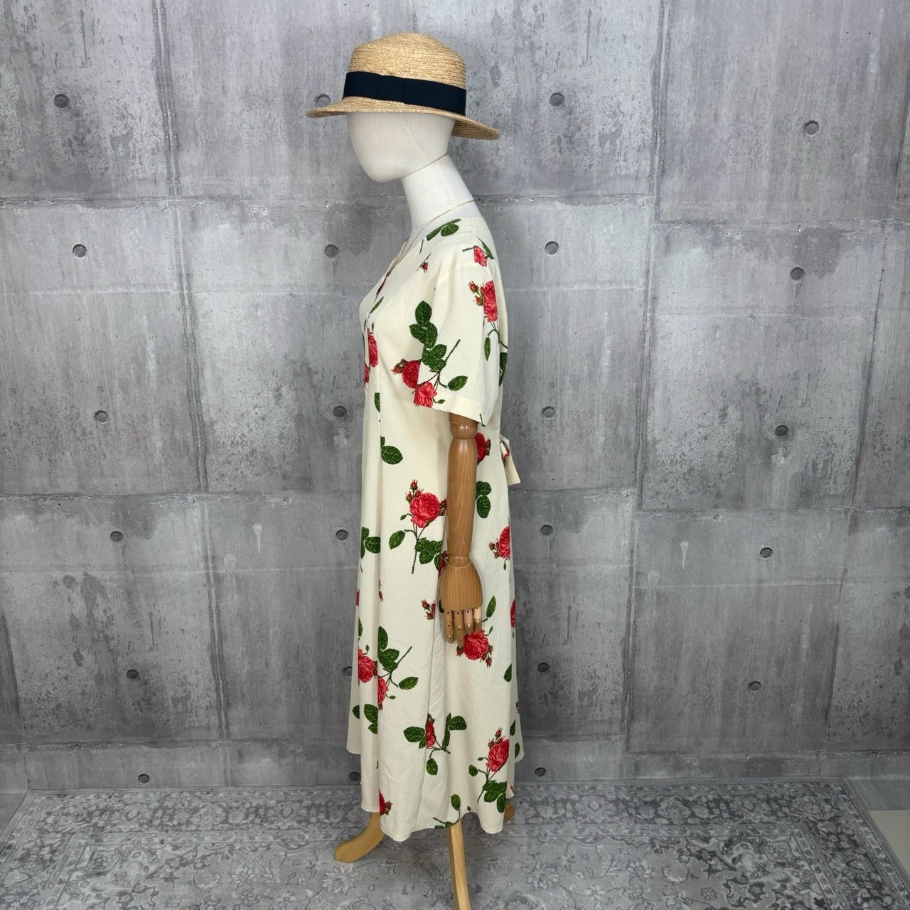 Vintage Ivory Red Rose Floral Maxi Dress Button Front Cottagecore Romantic 90s