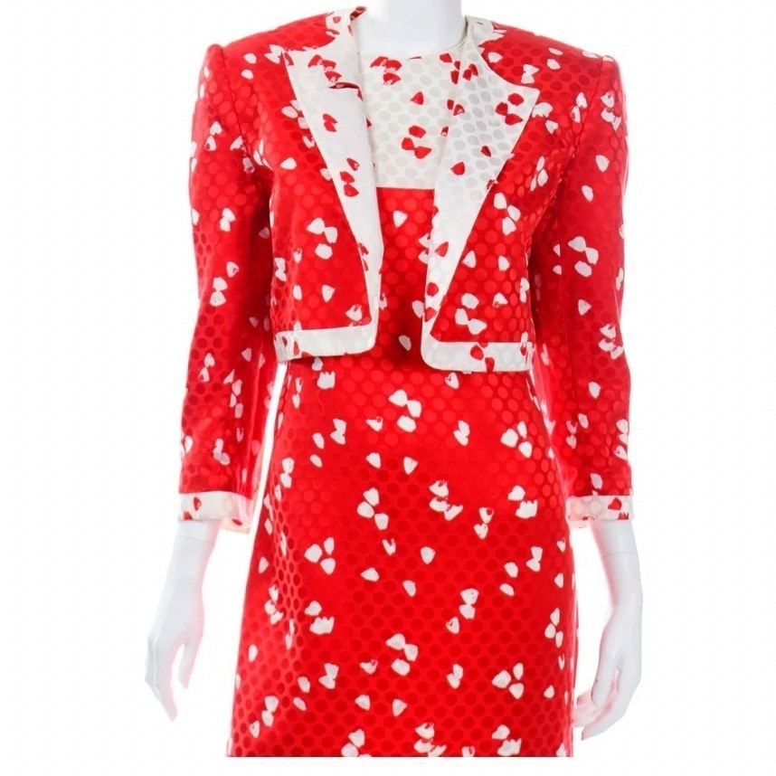 David Hayes Saks Fifth Avenue Red Silk Jacquard Cropped Jacket Vintage est Large