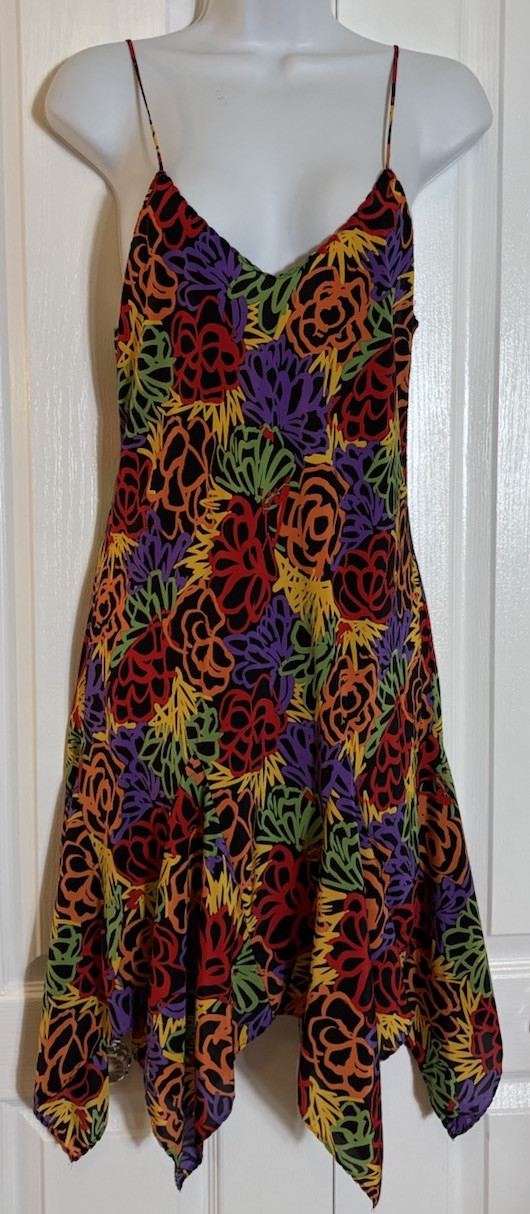 Vtg Papillon by Paula Corbone Nightgown Bold Print Handkerchief Hem USA Small