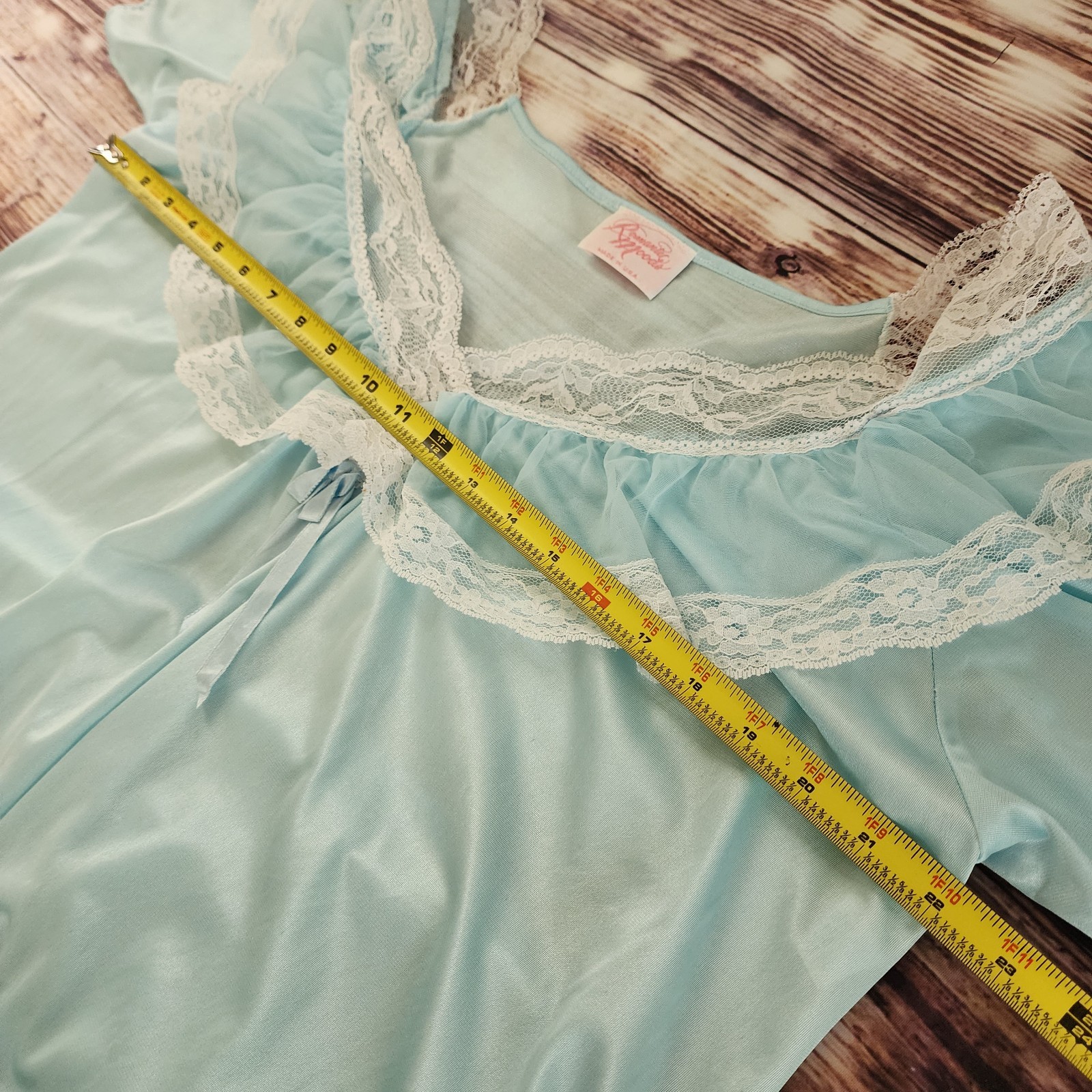 Vintage 80s Romantic Moods Nylon Nightgown Lace Trim Blue Ruffle SZ M Cottagecor