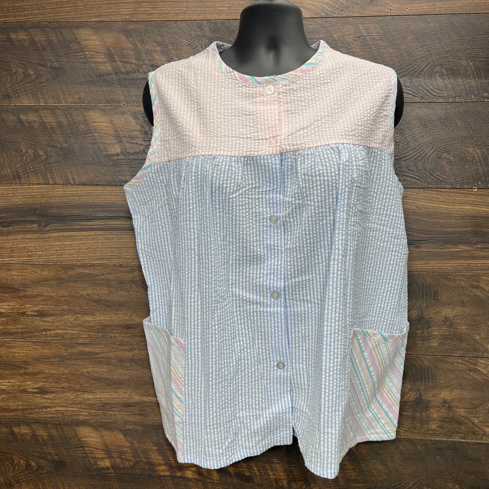 VGt Women Smock Shirt Large Utility House Sleeveless Granny Seersucker USA New