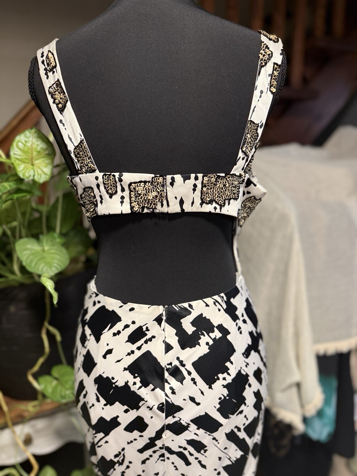 Vintage Black White Beaded Backless Evening Gown Silk Twill Handmade
