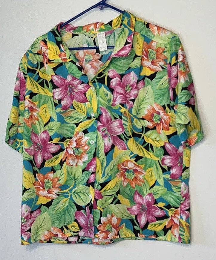 Vintage 80’s Bold Tropical Print Button Down Shirt Women’s 18 Shoulder Pads