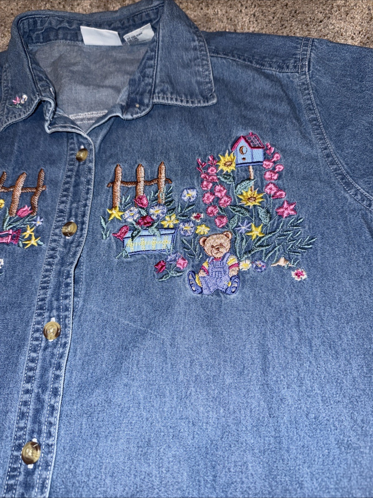 Womens 14/16W Denim Shirt Embroidered Floral Bear Garden Cottagecore Grandmacore