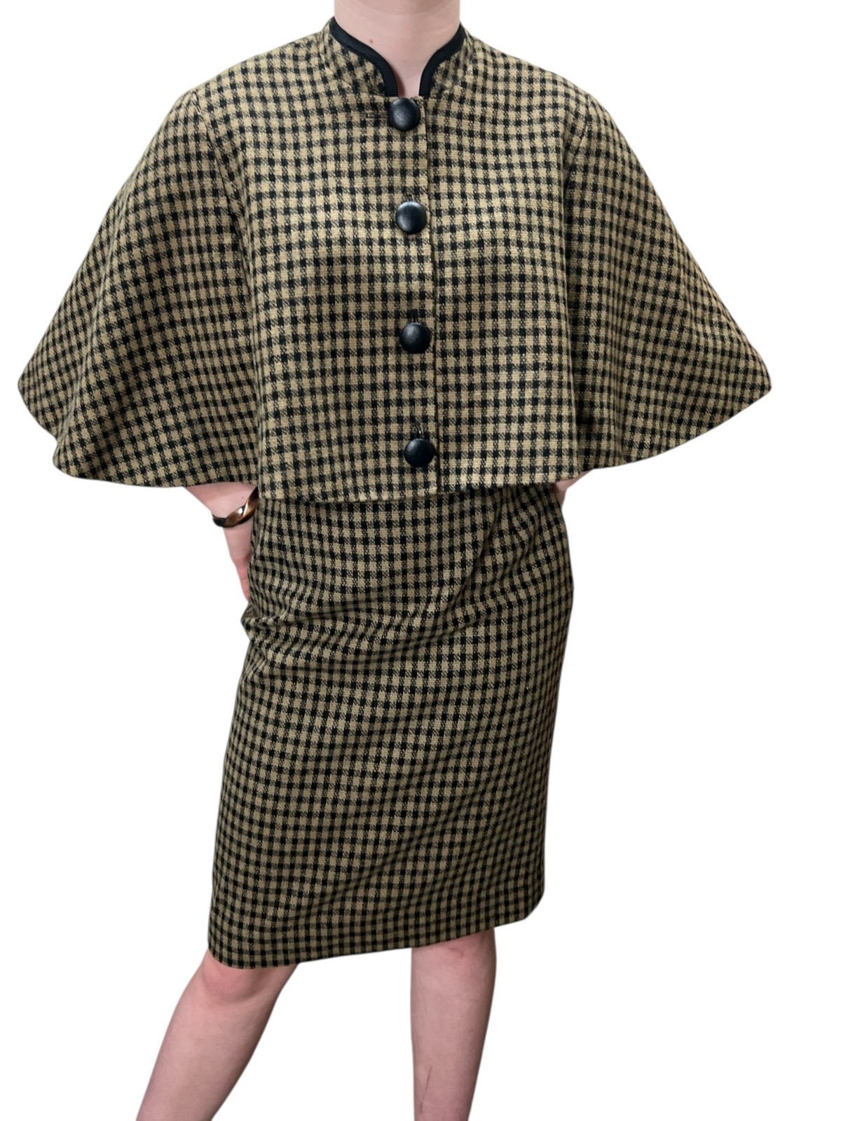 Vtg 50s 60s Sz S ~ M 2 Pc Cape Pencil Skirt Outfit Brown Black Checked Wool