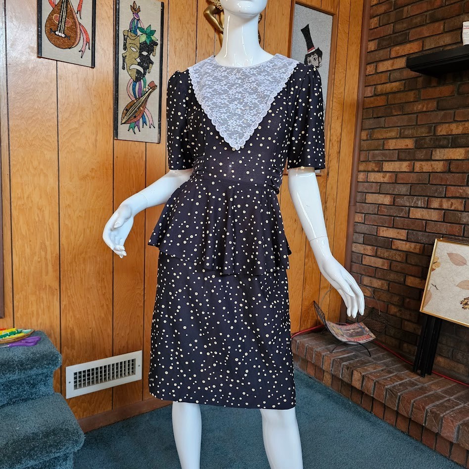 Vintage 80s New Wave Granny Polka Dot Peplum Secretary Lace Bib Day Dress M/L