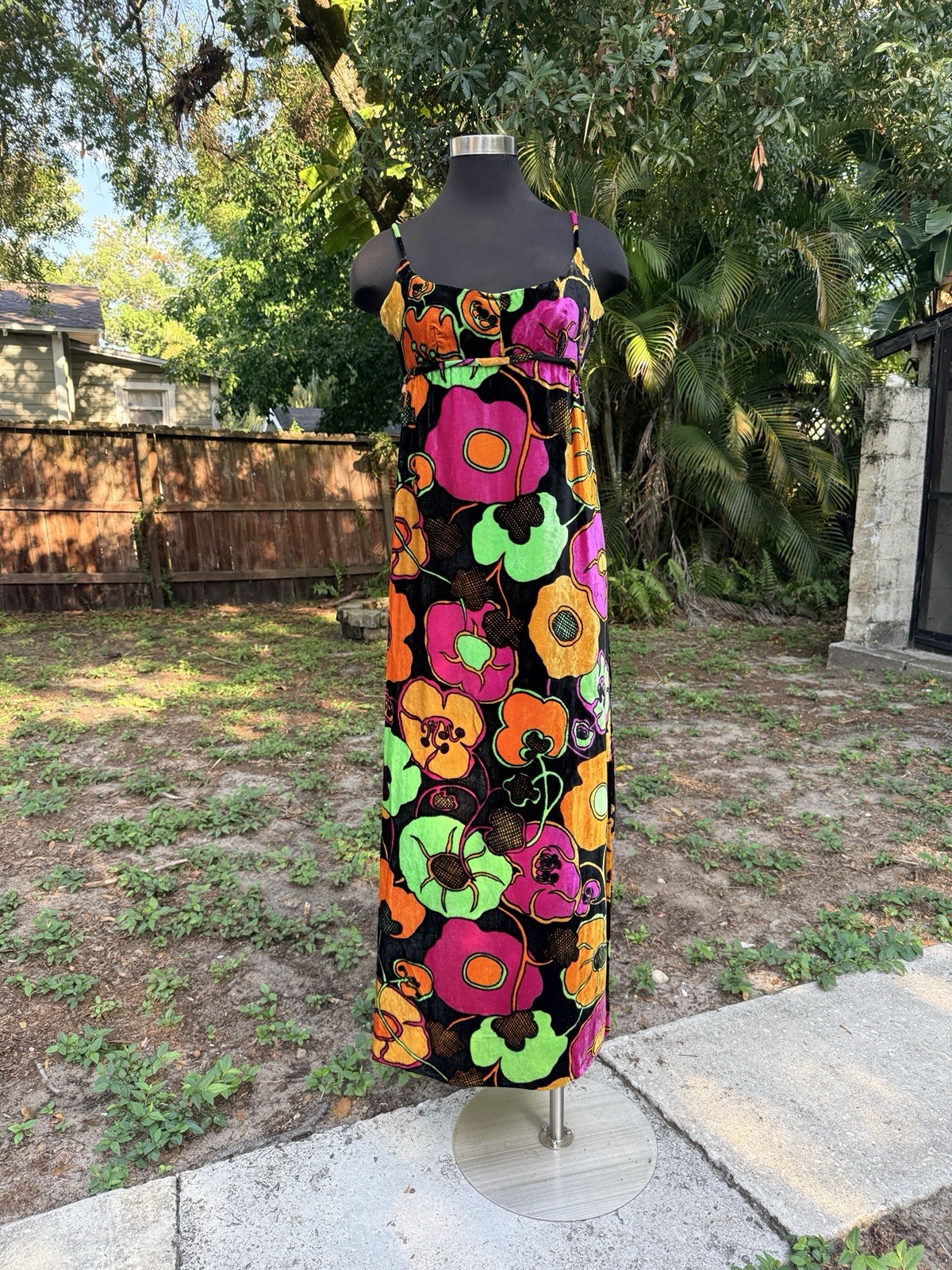 Vintage 1960s Mia Boutique Bright Floral Velvet Maxi Dress