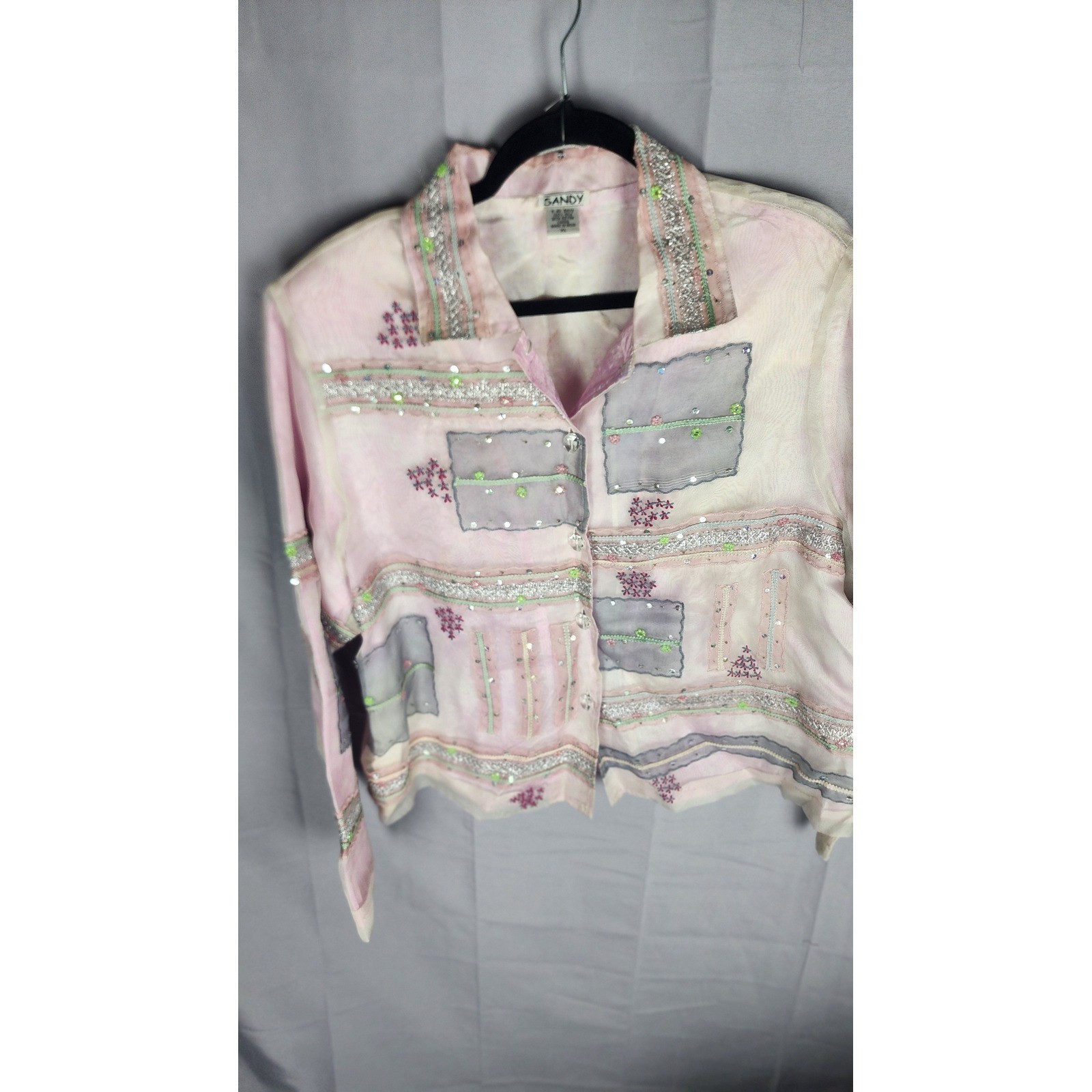 Vintage Sandy Starkman Silk Patchwork Jacket Sequin Beaded Sheer Blazer Pink XL