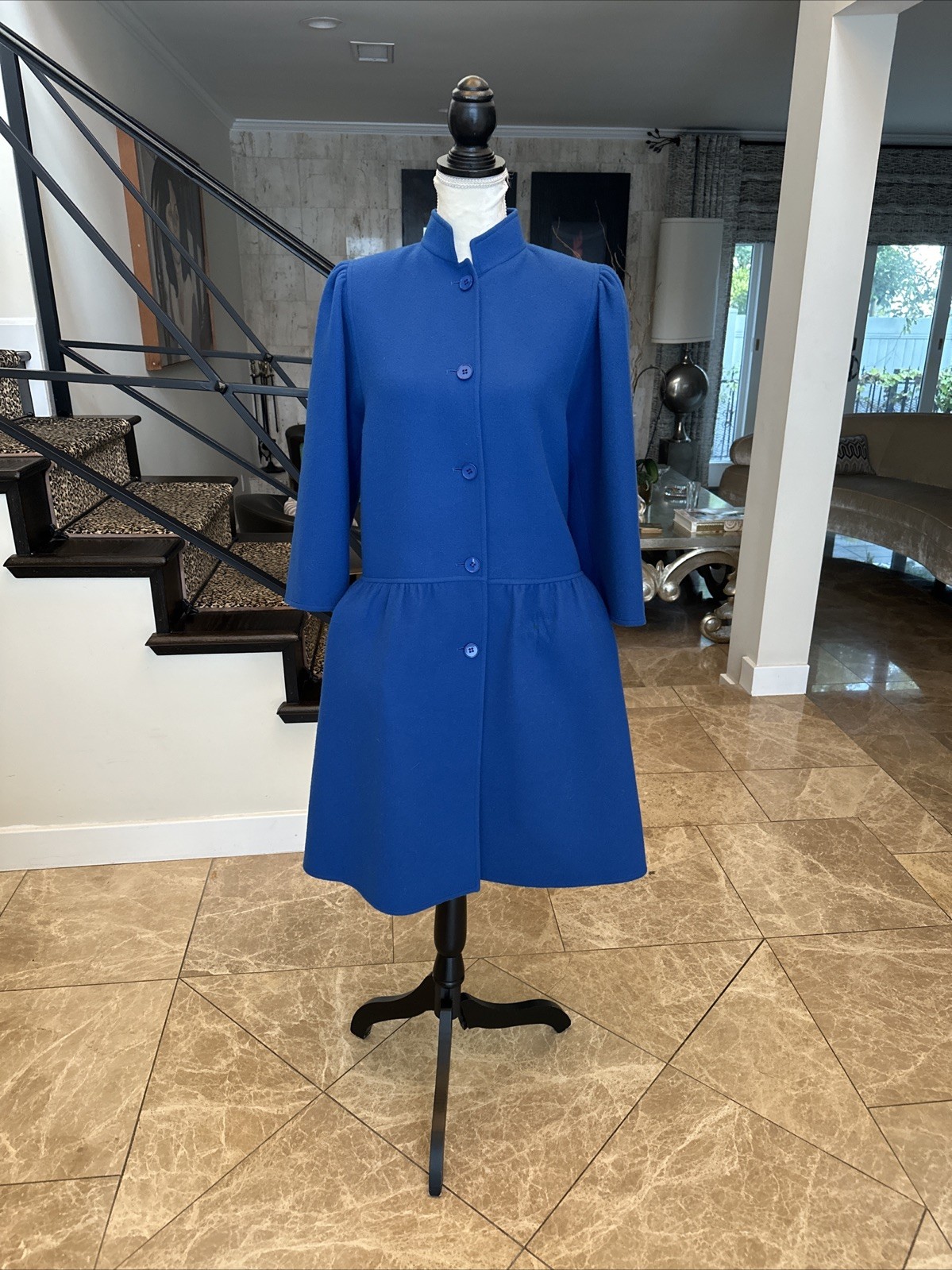 Ted Lapidus Boutique Haute Couture 70s Blue Wool Drop Waist Princess Coat Sz 34