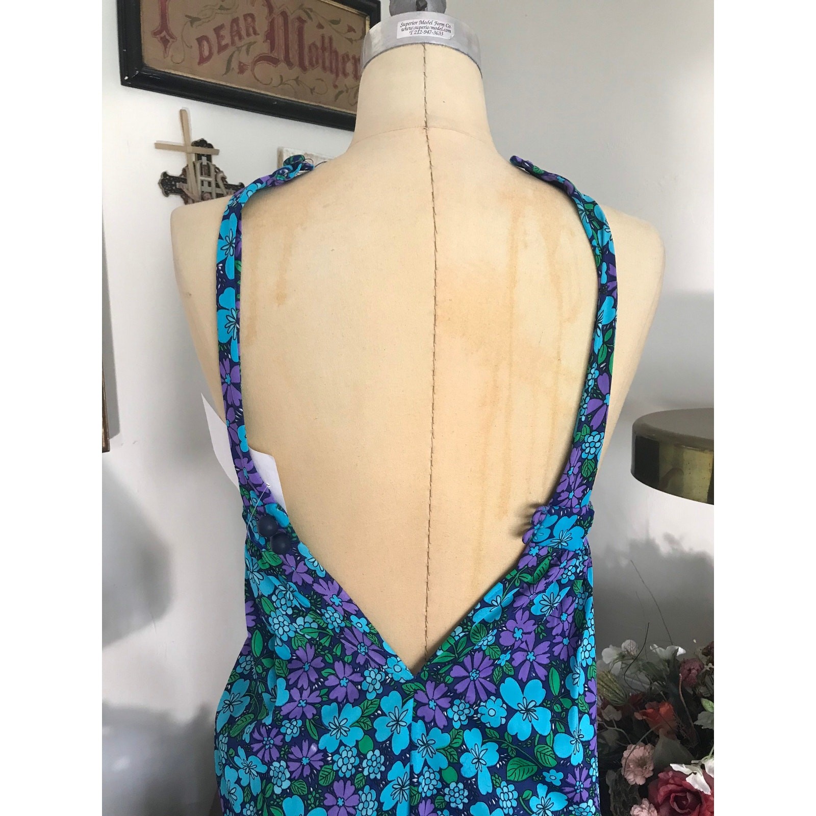 Vintage 1960s High Tide Halter Maxi Dress Blue Purple Floral Retro Tiki Resort