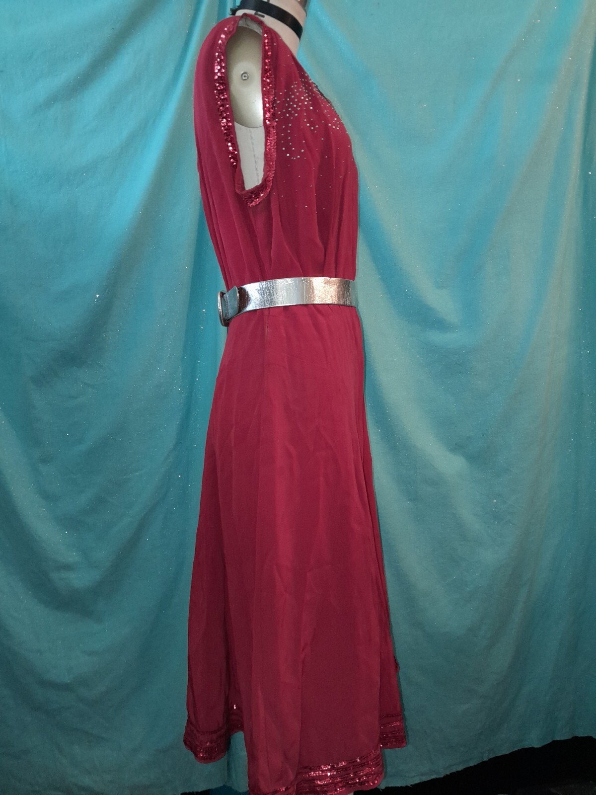 Vtg 30s 40s Red Sequin Rayon Crepe Studded Custom Short Party Evening Dress W30