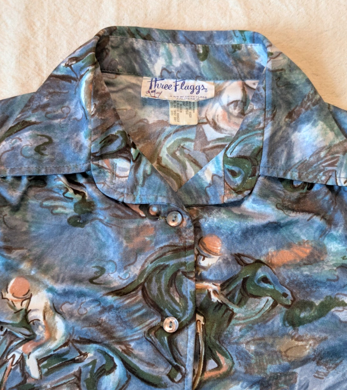 Three Flaggs VTG 70s Women’s Abstract Polo Jockey AOP Poly Button Up M/L