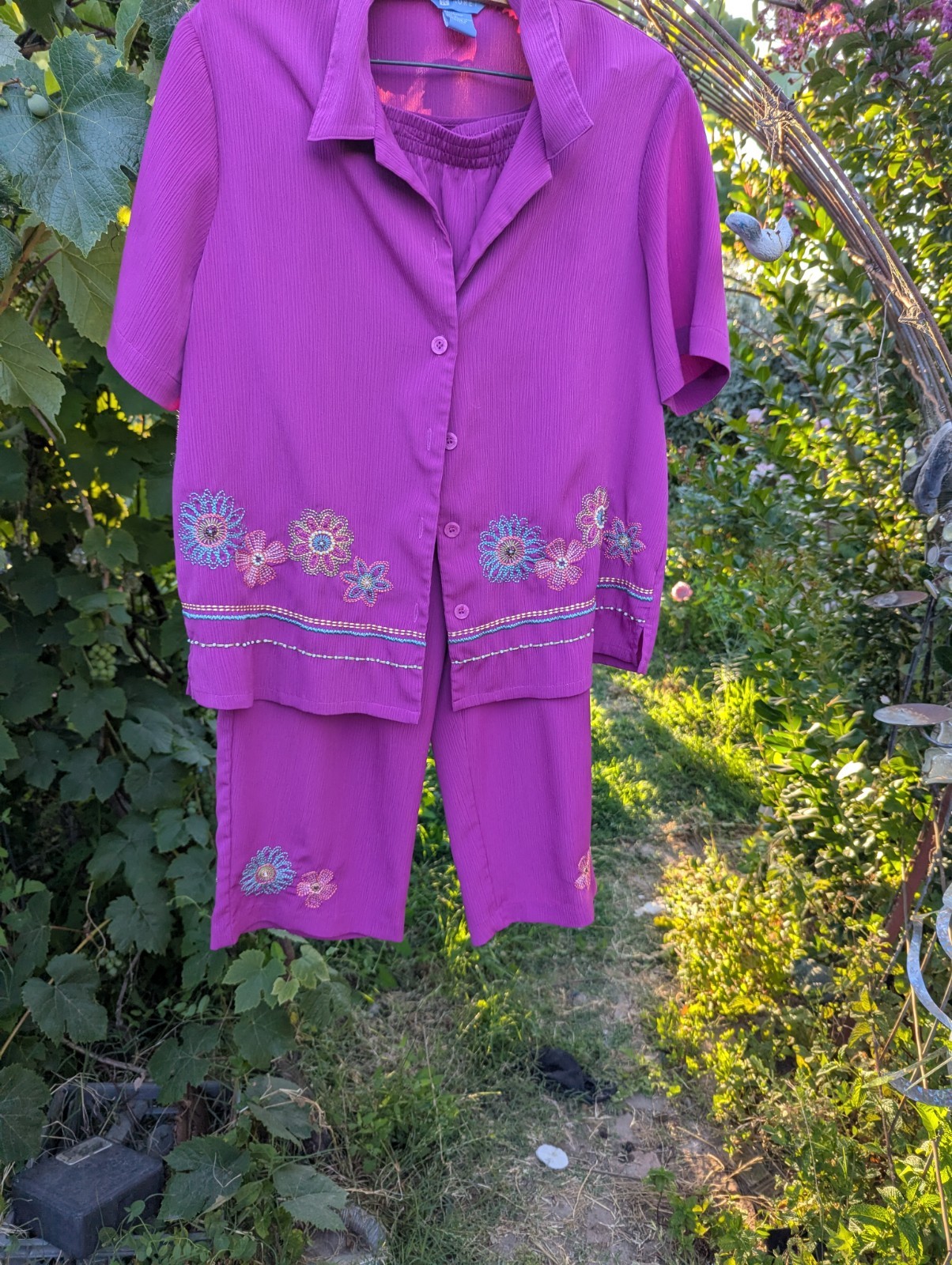 Vintage Koret Floral Embroidery Magenta Pink 2 Piece Set Short Pants And Top