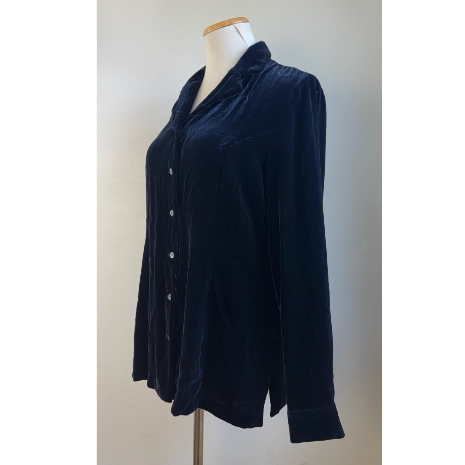 Vintage Midnight Blue Crushed Velvet Blouse Size Medium 10 Petite 90s Shirt Top