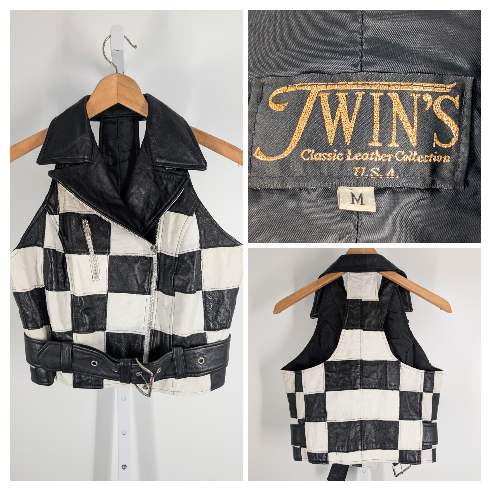 Twins Leather Co Vintage 90s Rap Checkerboard Patchwork Leather Biker Vest USA