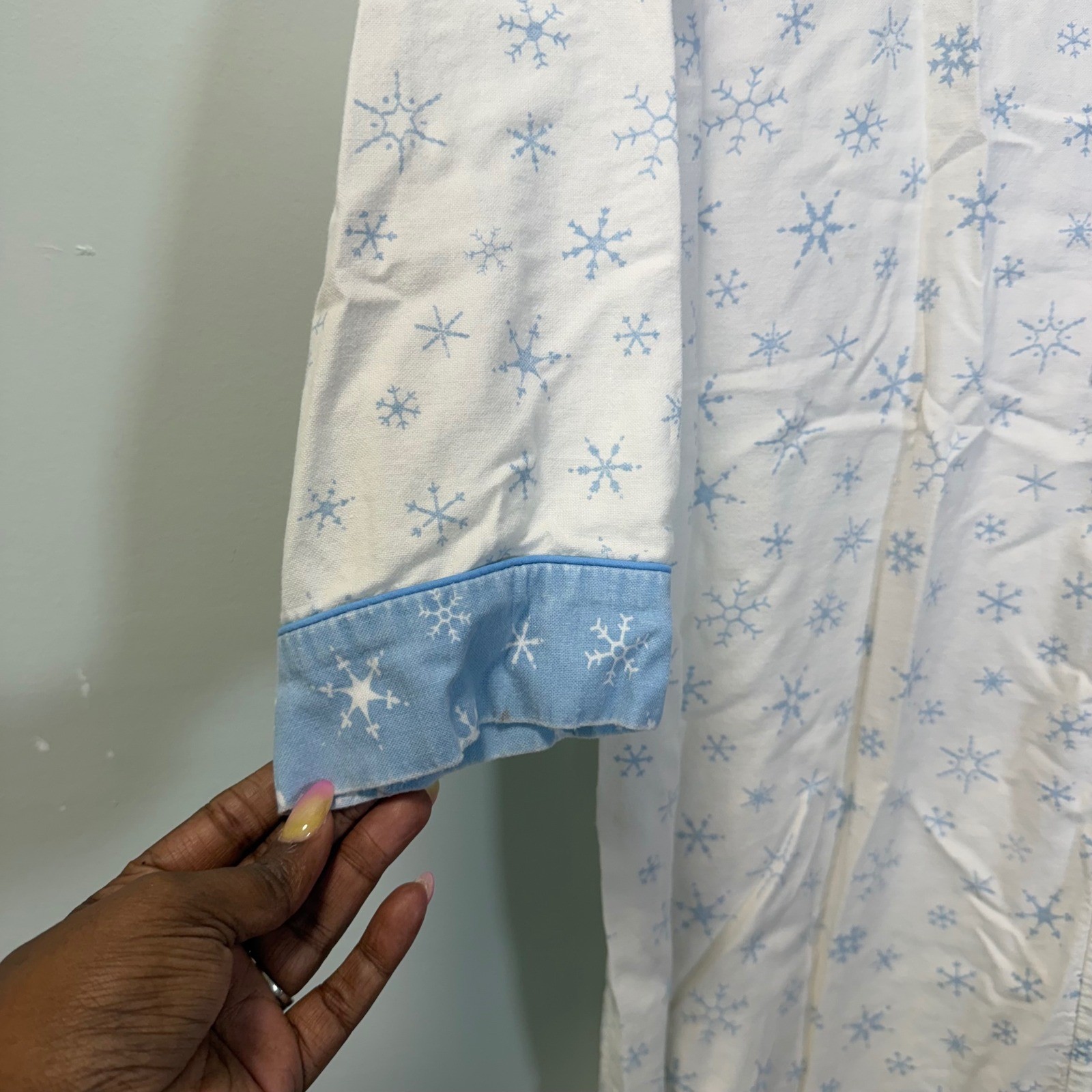 Vintage Night Gear Snowflake Nightgown White Blue Cotton Henley Sleep Shirt Med