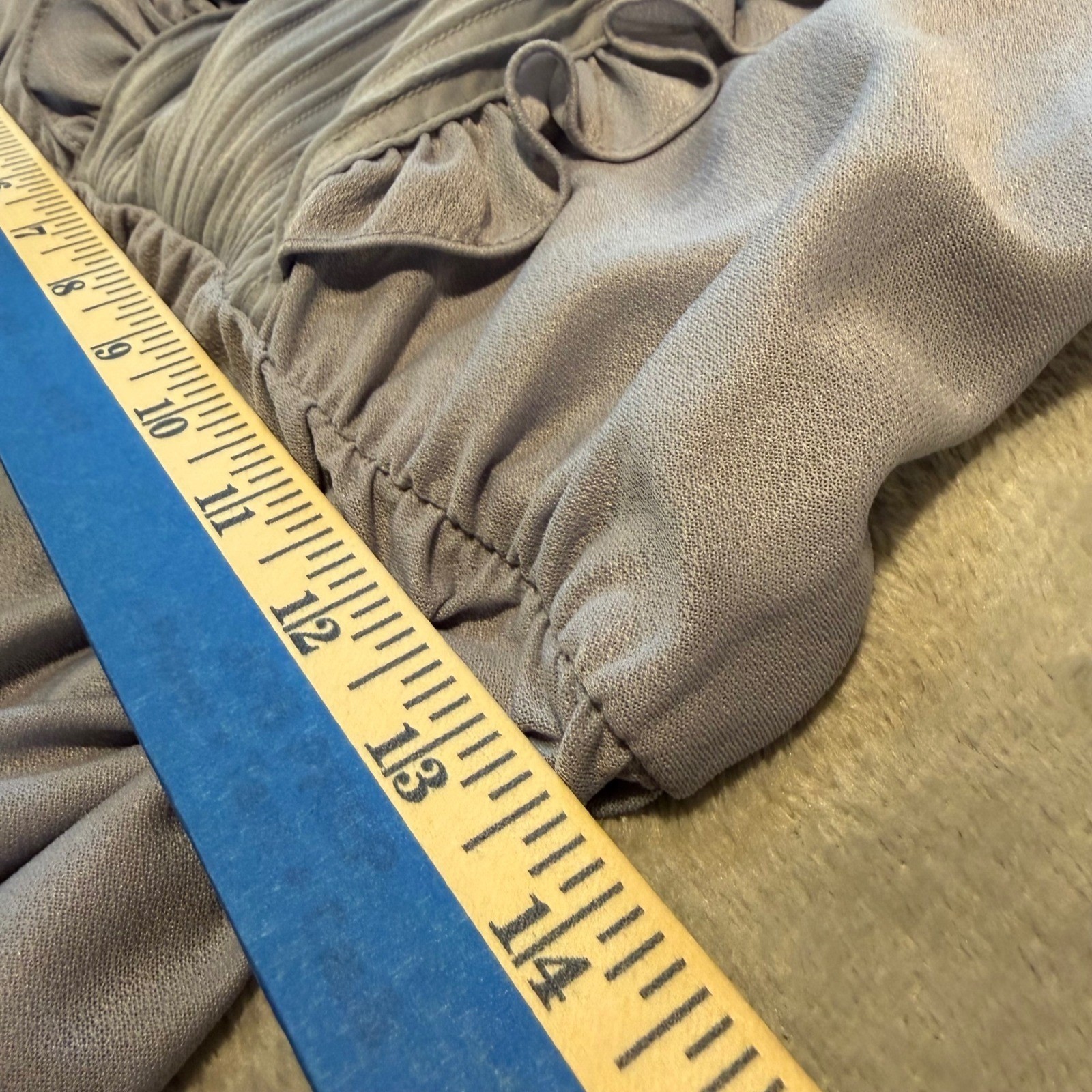 Vintage Belair Lavender Grey Pleated Ruffle V-Neck Bishop Sleeve Midi Dress 70s