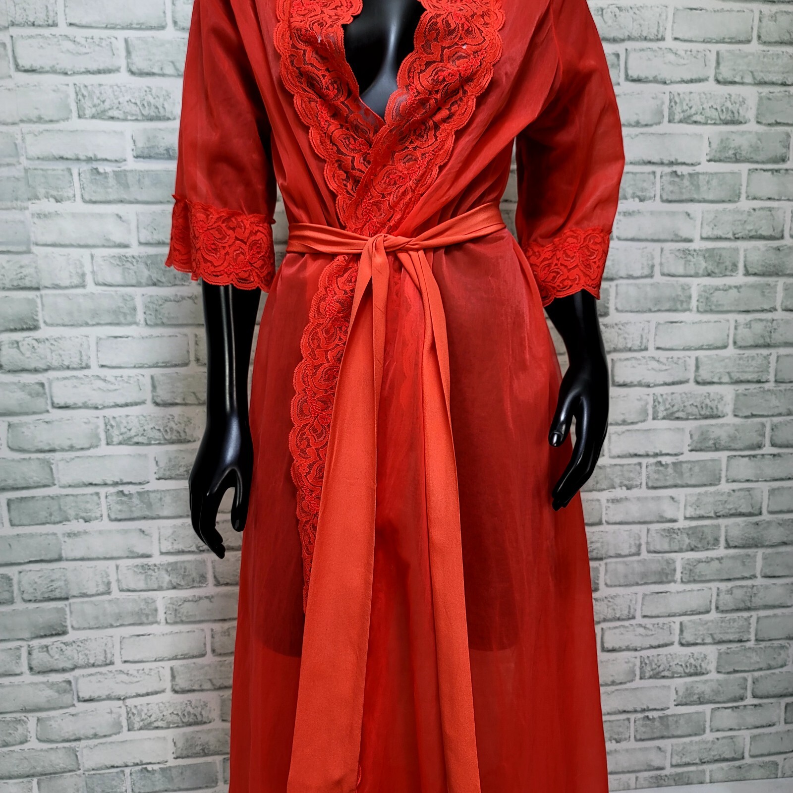 Vintage 70s CHIC Lingerie Size S Red Nylon Full Length Lace Trim Robe Glam