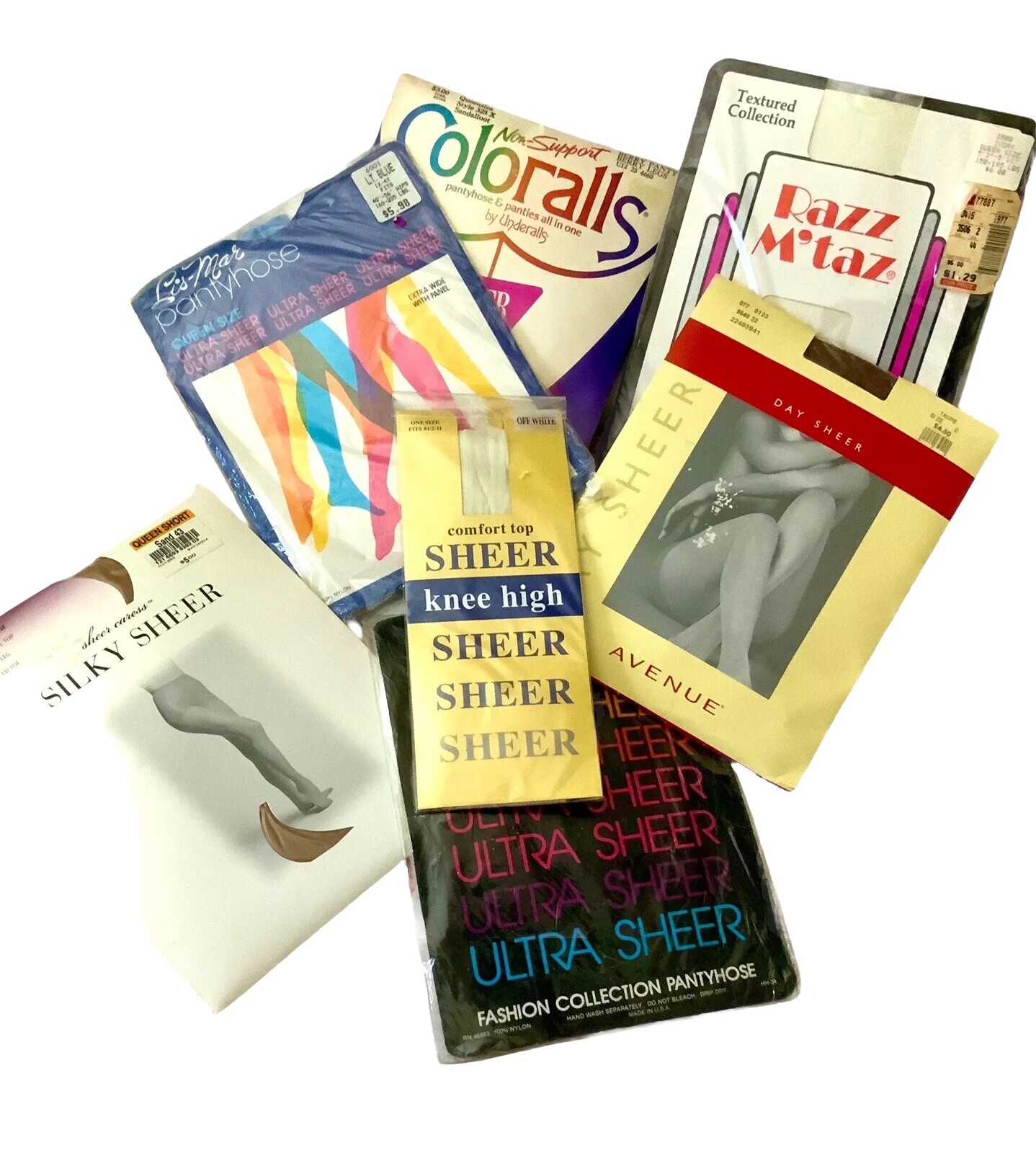 Vintage FASHION Hosiery 7 Pairs Original Package Sz Lg-Queen NOS.