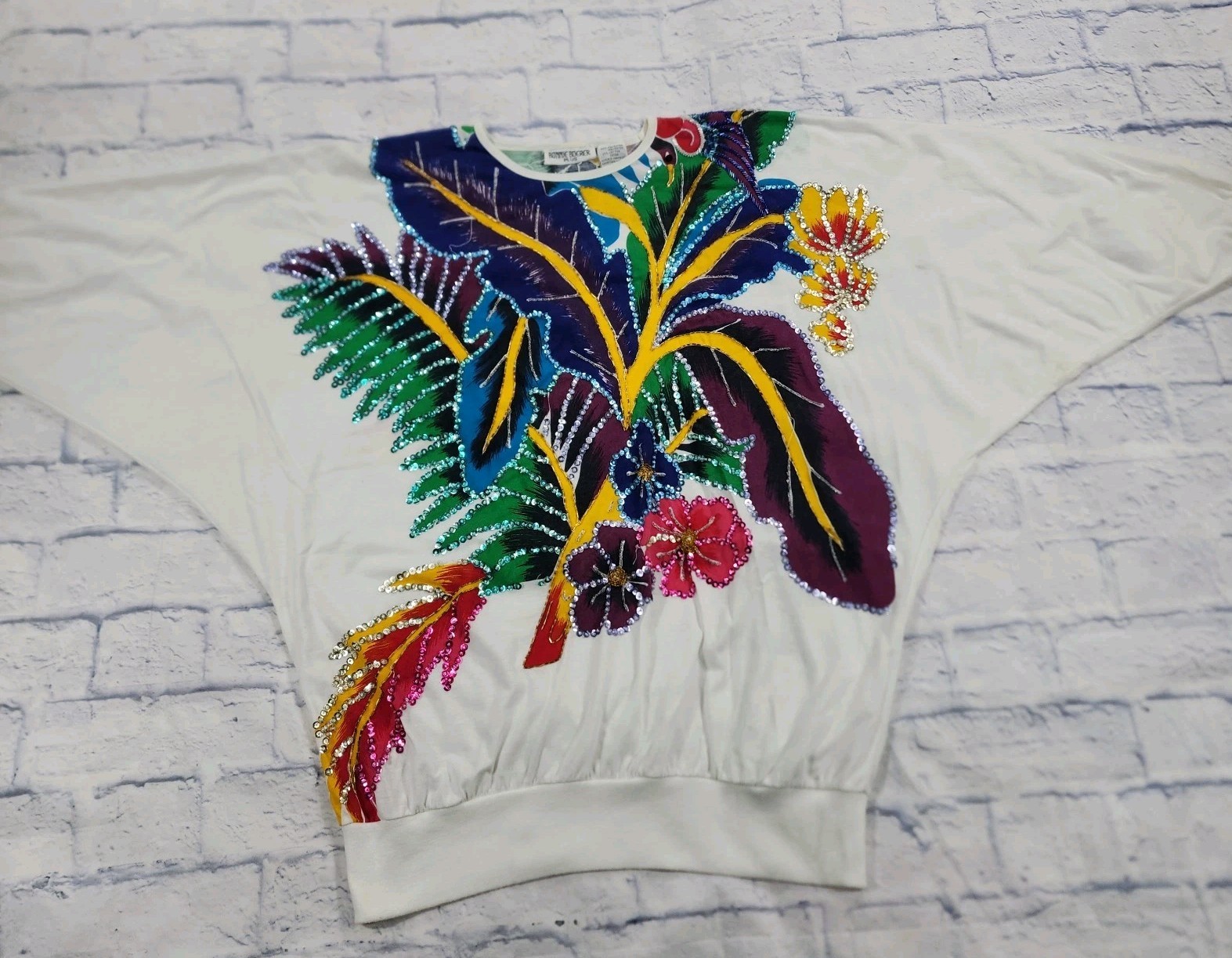 Bonnie Boerer Top WOMENS 2X Floral Sequins Shirt Beaded Retro VINTAGE 90s White