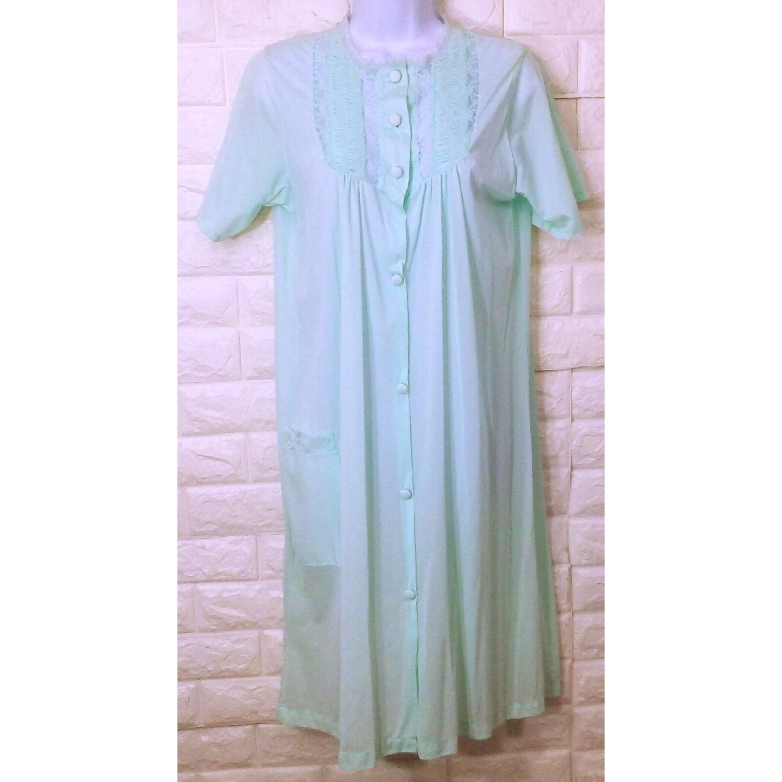Vintage 80s Danni Dressing Gown Robe -L Pocket Ruched Lace Buttons SSL Nylon