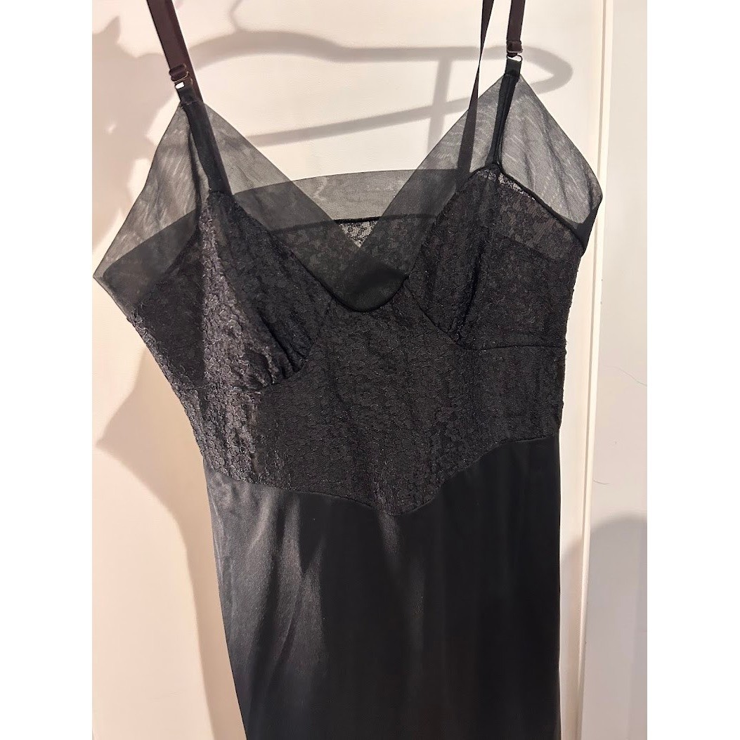 Vintage Munsingwear Black Nylon Tricot Lace Maxi Slip Dress Size 32 Tall USA