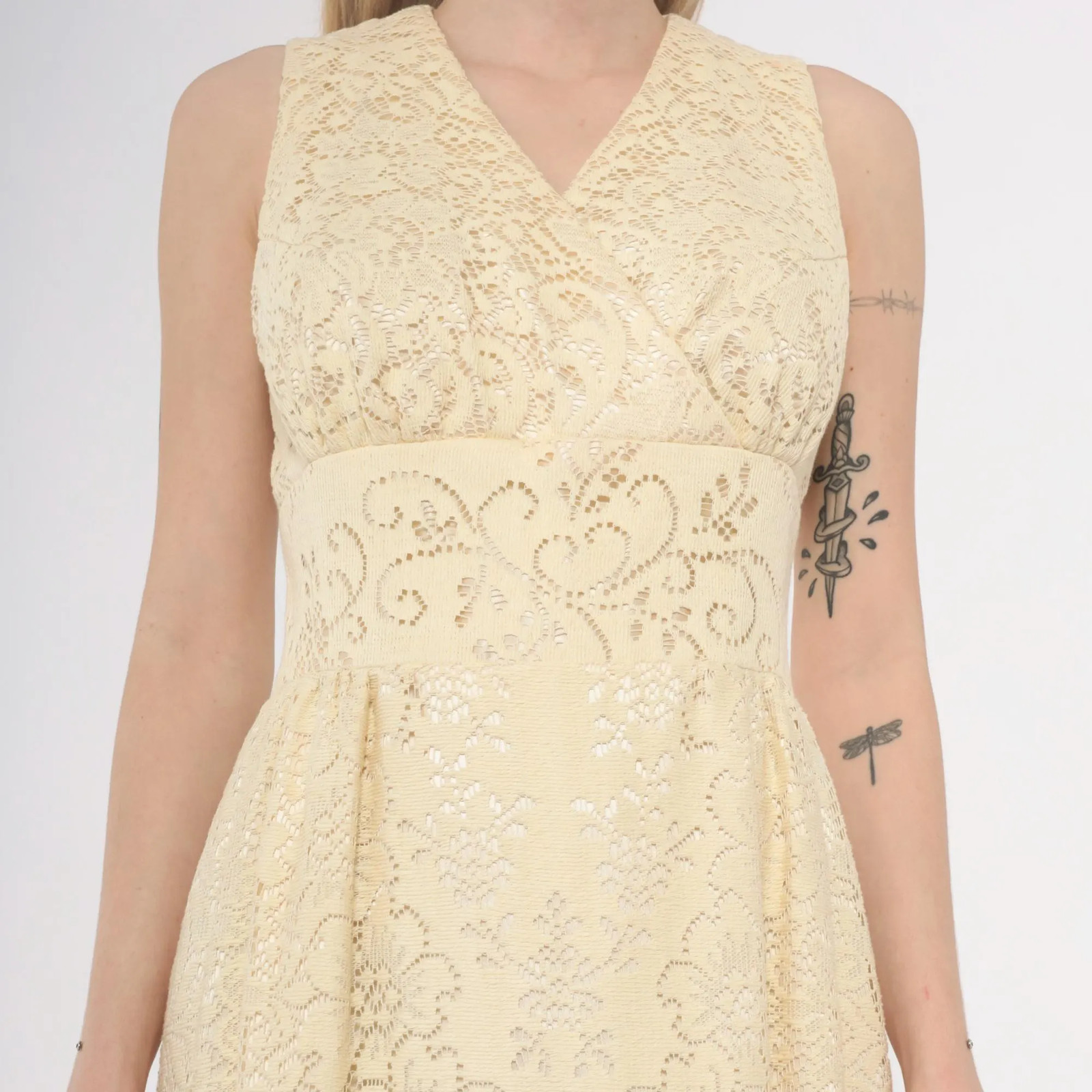 70s Bohemian Wedding Dress Lace Maxi Dress Cream Ivory V Neck Sleeveless Empire