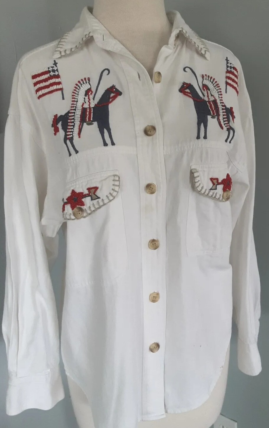 VTG/RARE•BEADED WESTERN SHACKET•INDIAN CHIEFS•HORSES•FLAGS•SZ S-M•CAMBRIDGE CO.