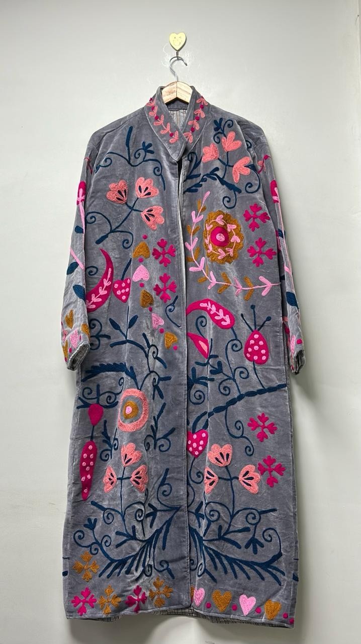 Woman’s Velvet Suzani Coat Embroidered Floral Boho Long Gown & Boho Jackets US