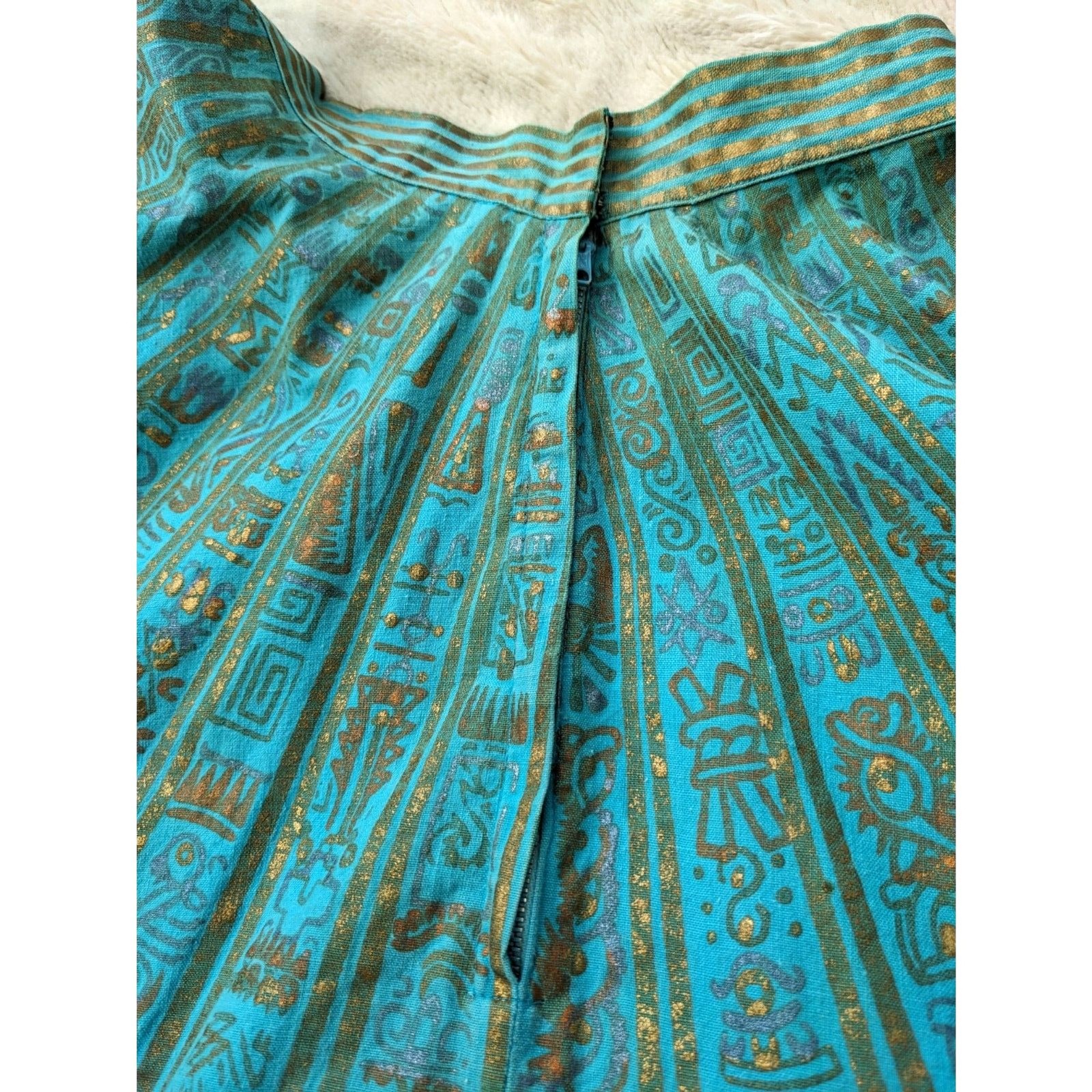 1950s MAYA de MEXICO Mayan Hieroglyph Hand Painted Aqua/Gold Circle Skirt sz. XS