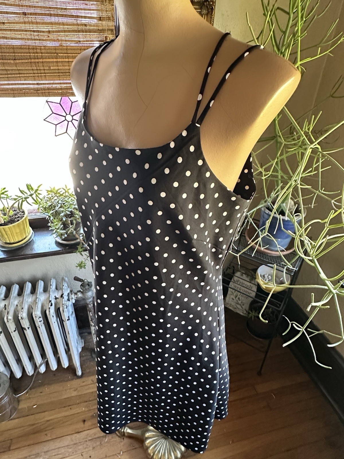 Vintage 80’s DBY Woman’s Dress Black/White Polka Dots Cute Tie Up Back Sz. M