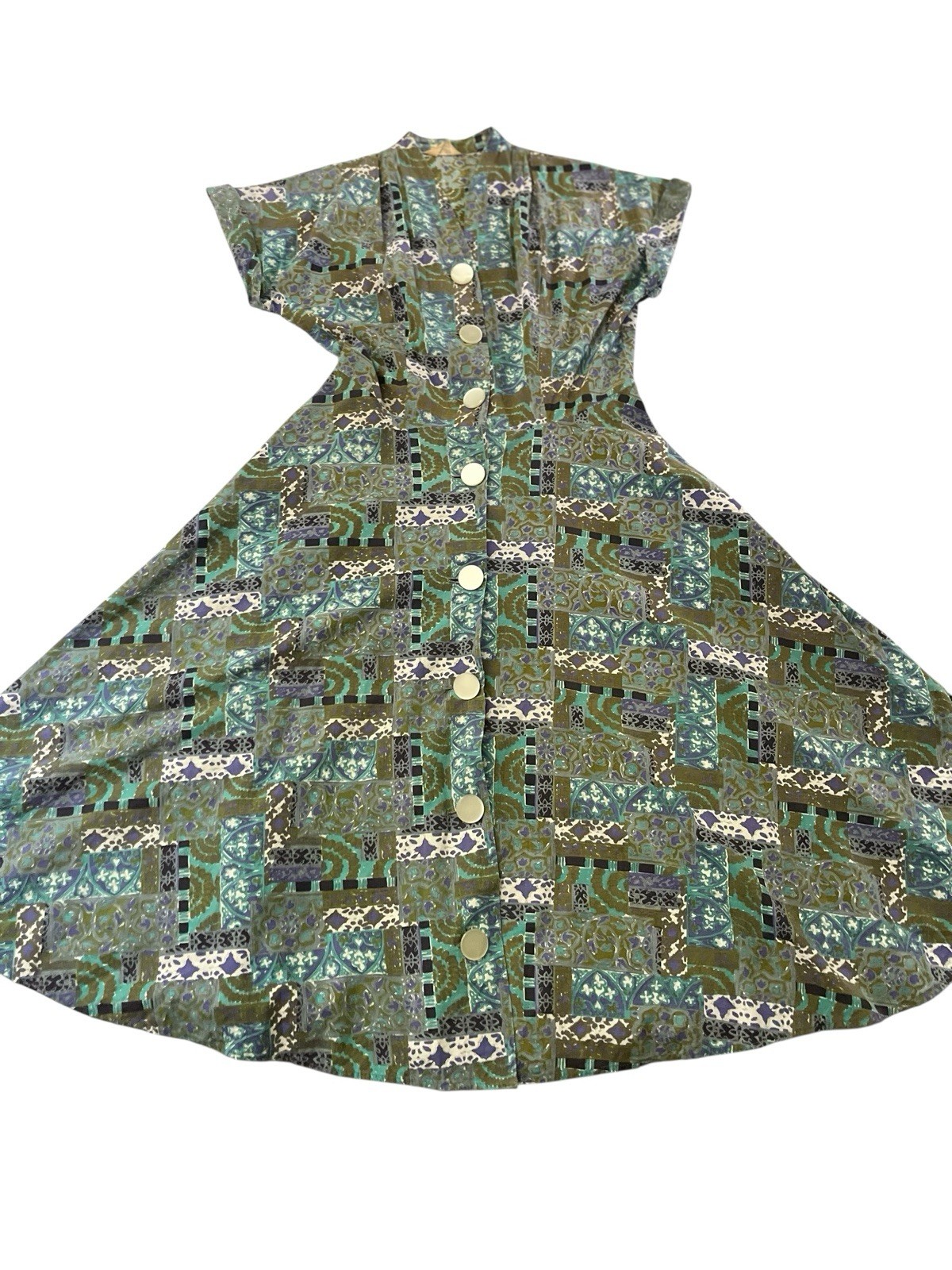 Vtg 50s Penny’s Brentwood Mod Novelty Print Day Dress S Cotton Rockabilly A-Line