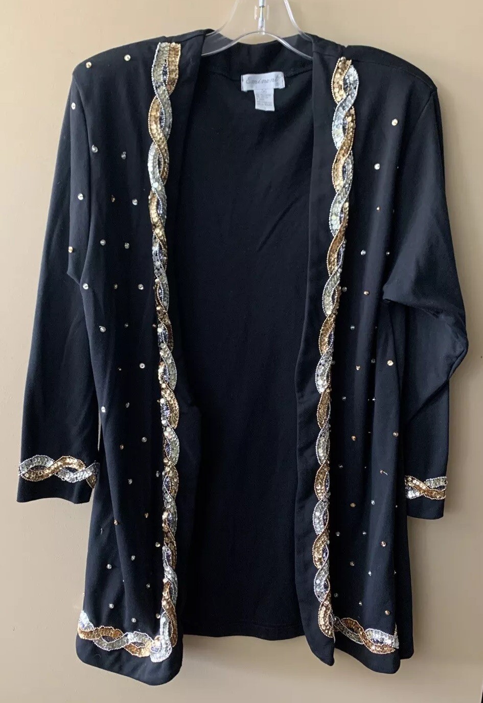 Eminent Black Evening Cardigan Open Front Sequins Silver Gold MEDIUM VINTAGE B8