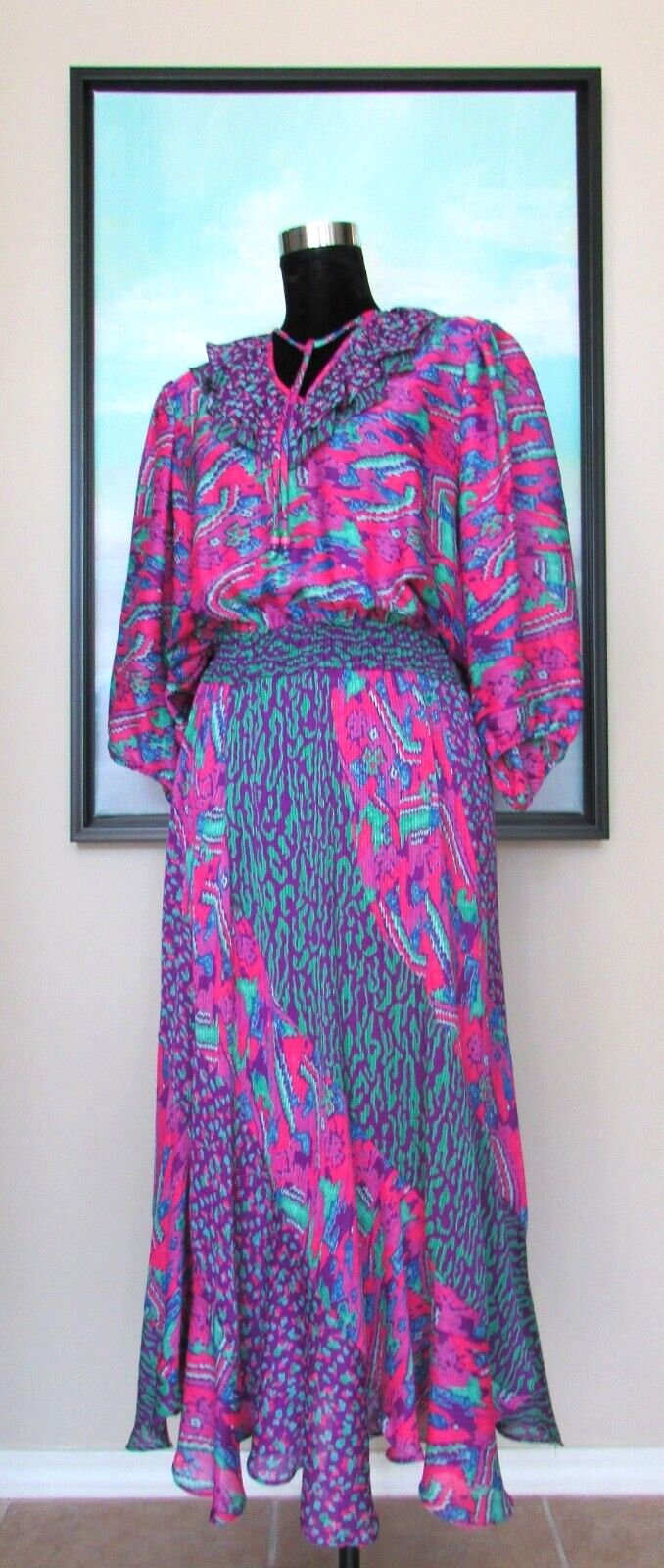 VTG Susan Freis Pink & Purple Leopard Ikat Dress Sz M